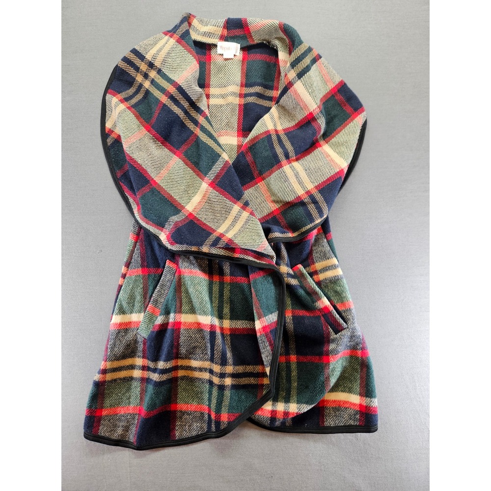 Top It Off Plaid Open Front Vest Red Green Navy Blue Shawl Collar Medium 8-10